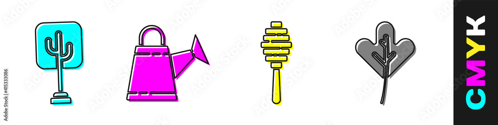 Set Tree, Watering can, Honey dipper stick and Leaf or leaves icon. Vector.