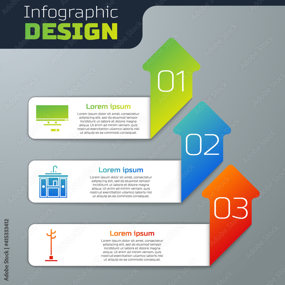 设置智能电视，带水龙头和衣帽架的洗手盆柜。商业信息图模板。矢量。