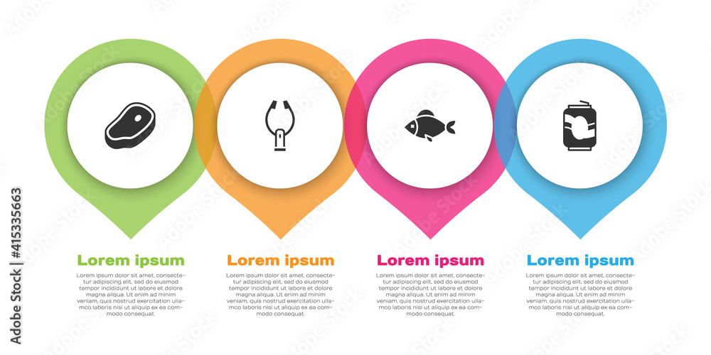 设置牛排、肉钳、鱼和苏打罐。商业信息图模板。矢量。
