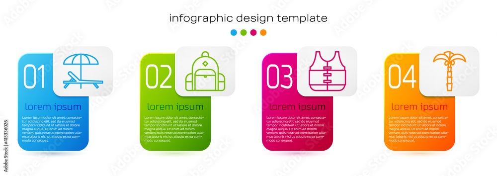 套装遮阳床和雨伞、徒步背包、救生衣和热带棕榈树。商业信息图