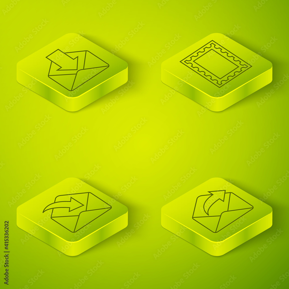 Set Isometric Postal stamp, Envelope, Outgoing mail and Envelope icon. Vector.