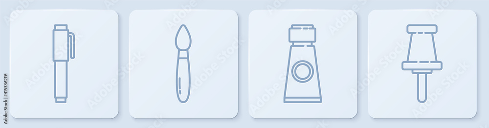 Set line Pen, Tube with paint palette, Paint brush and Push pin. White square button. Vector.