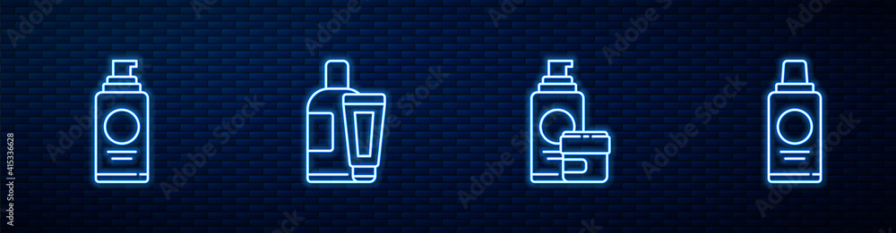 Set line Cream or lotion cosmetic tube, Spray can for hairspray, and Bottle of shampoo. Glowing neon