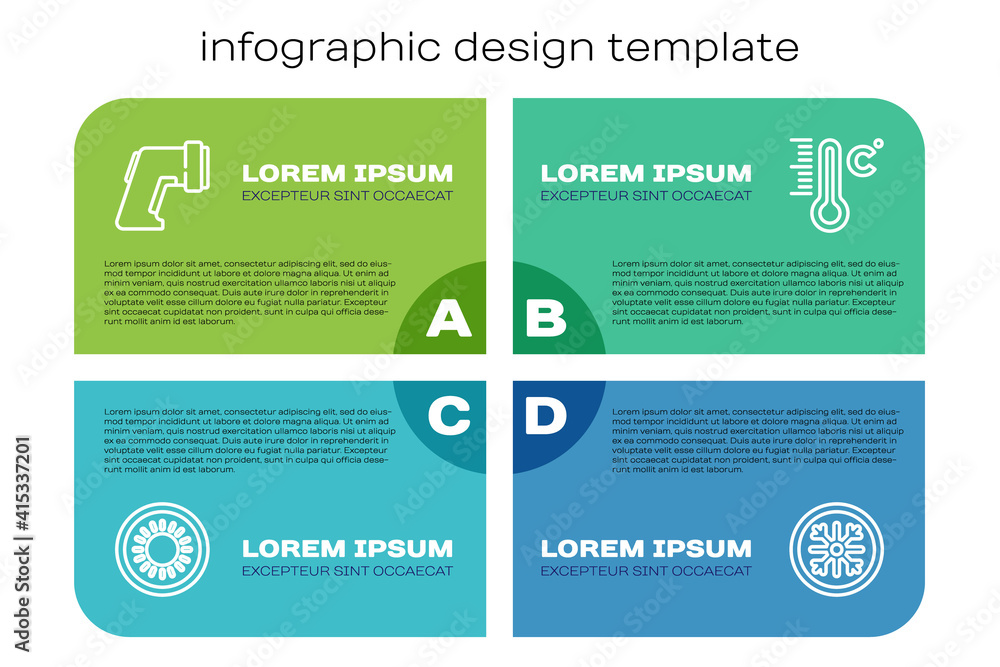 Set line Sun, Digital thermometer, Snowflake and Meteorology. Business infographic template. Vector.