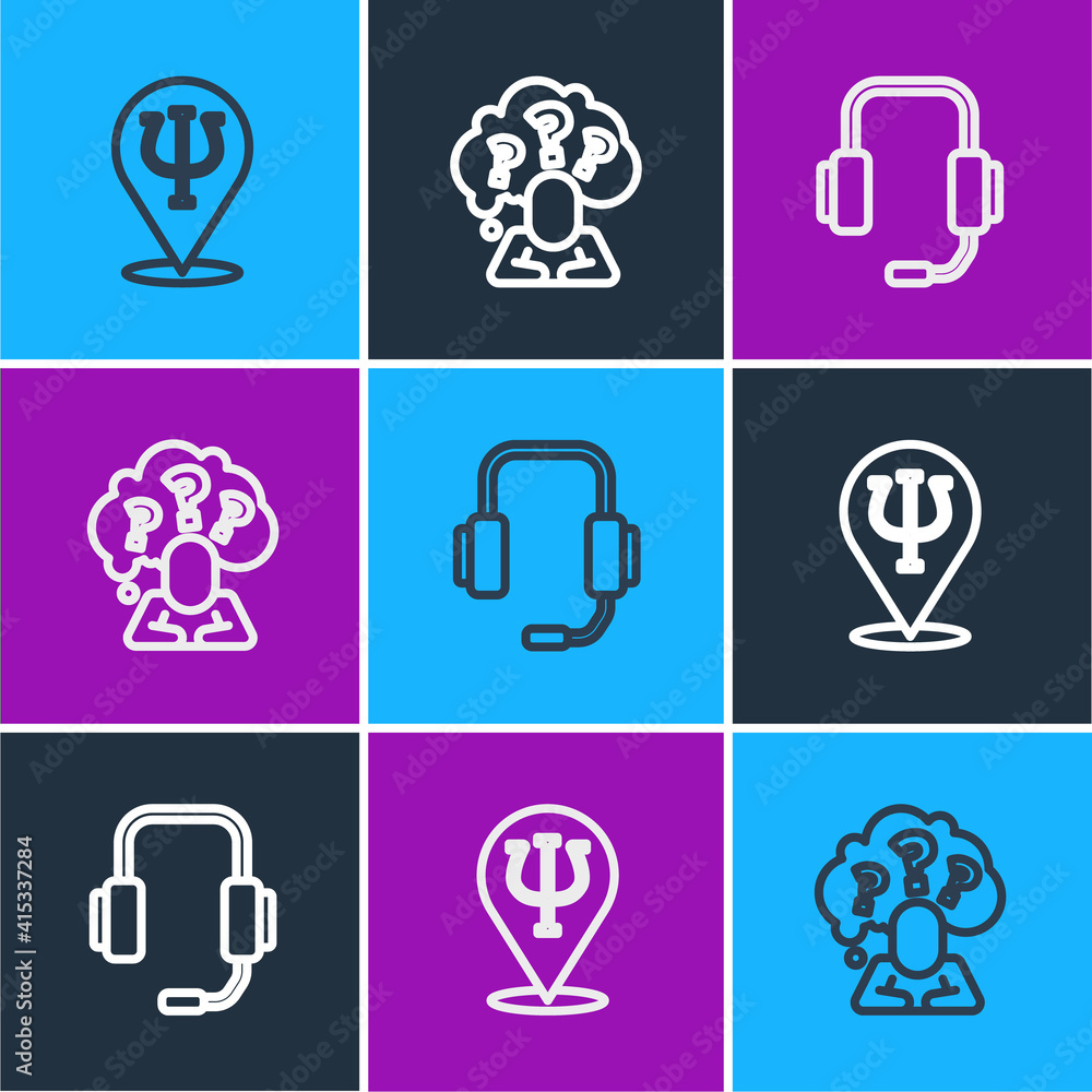 Set line Psychology, Psi, Psychologist online and Head with question mark icon. Vector.