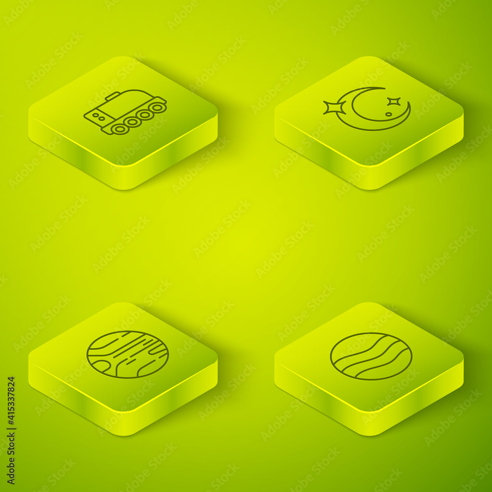 Set Isometric line Moon and stars, Planet, and Mars rover icon. Vector.