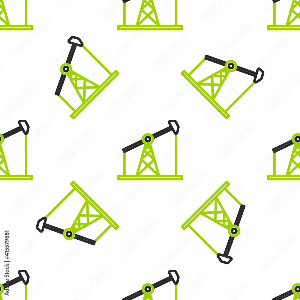 白色背景上的Line Oil pump or pump jack图标隔离无缝图案。石油钻机。Vector Illus