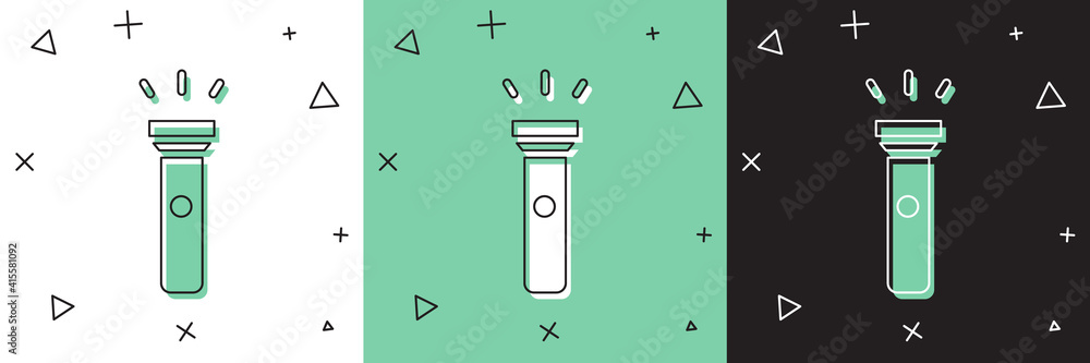 Set Flashlight icon isolated on white and green, black background. Vector Illustration.