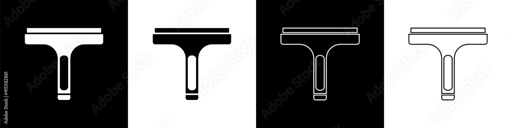 Set Cleaning service with of rubber cleaner for windows icon isolated on black and white background.