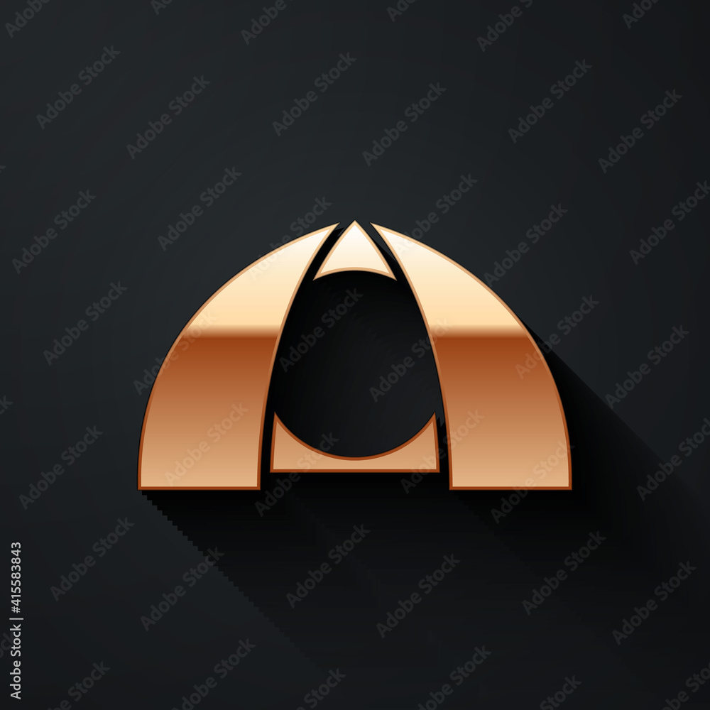 Gold Tourist tent icon isolated on black background. Camping symbol. Long shadow style. Vector.