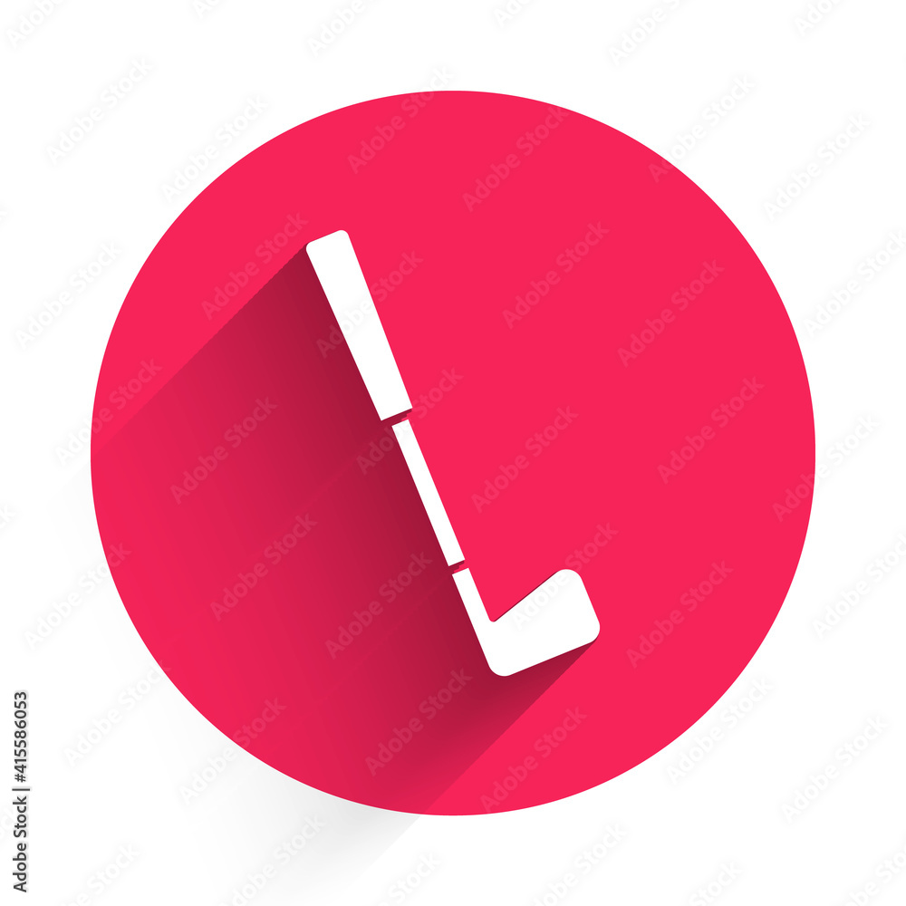 White Golf club icon isolated with long shadow. Red circle button. Vector.