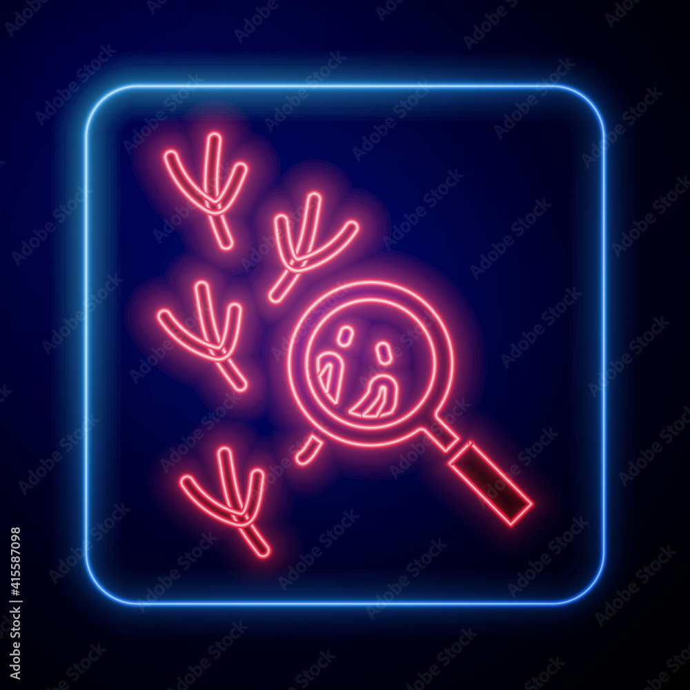 Glowing neon Bird footprint under magnifying glass icon isolated on black background. Animal foot. V