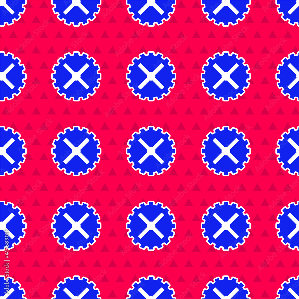 Blue Bicycle sprocket crank icon isolated seamless pattern on red background. Vector.