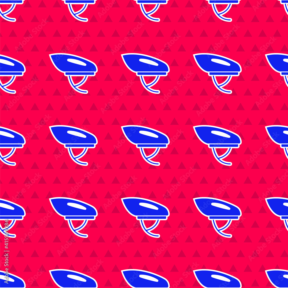 Blue Bicycle helmet icon isolated seamless pattern on red background. Extreme sport. Sport equipment