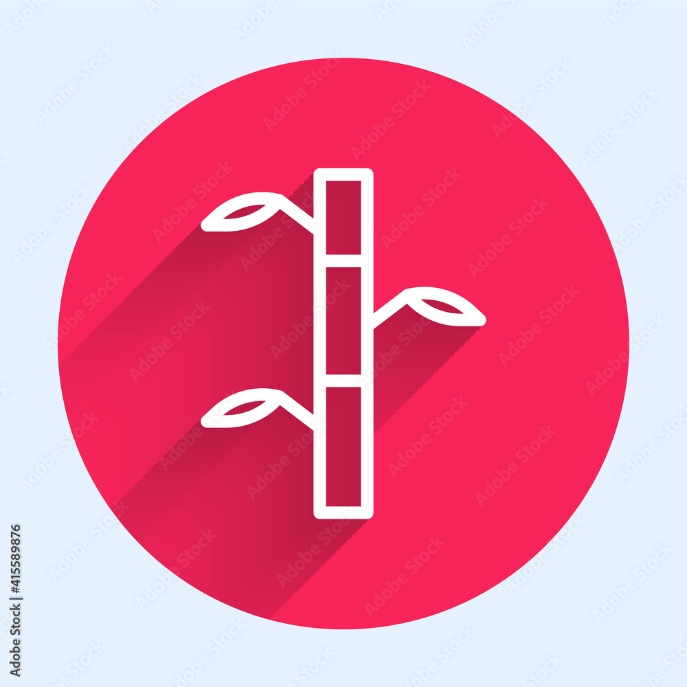 White line Bamboo stems with leaves icon isolated with long shadow. Red circle button. Vector Illust