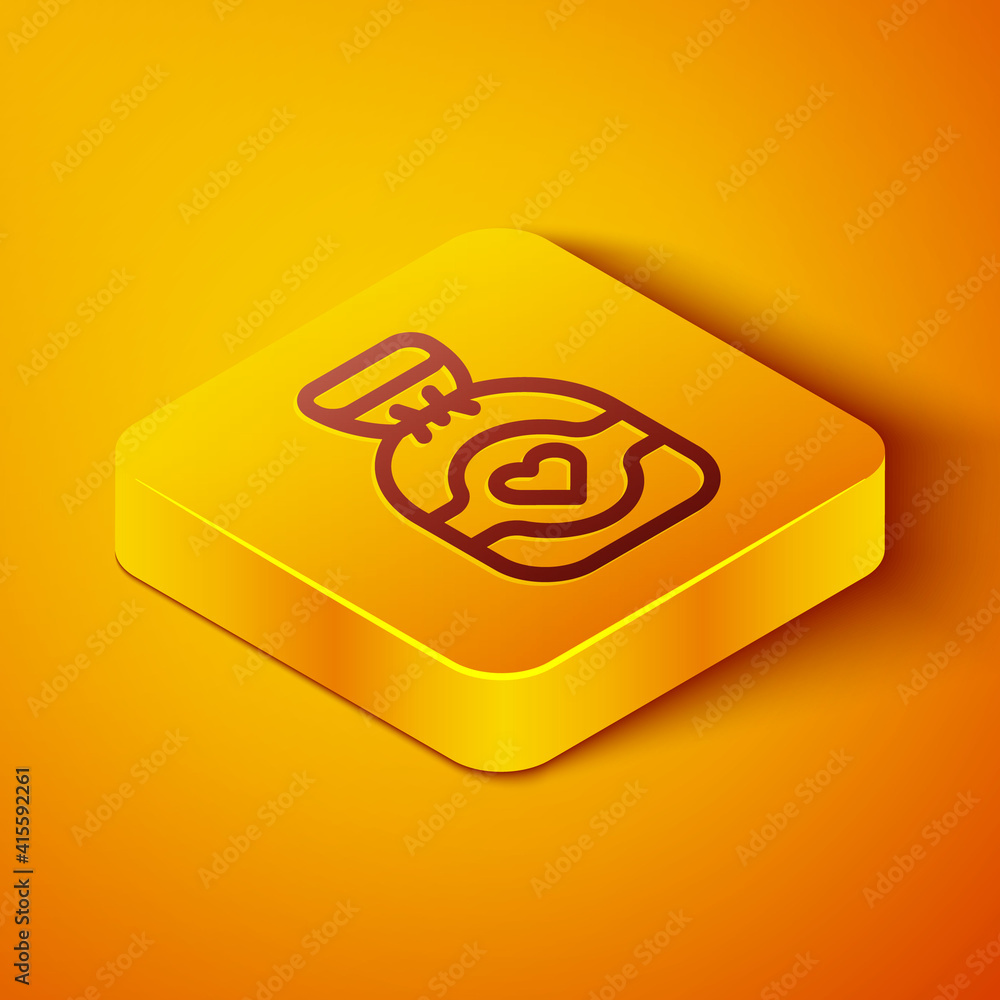 Isometric line Chocolate candy icon isolated on orange background. Yellow square button. Vector.