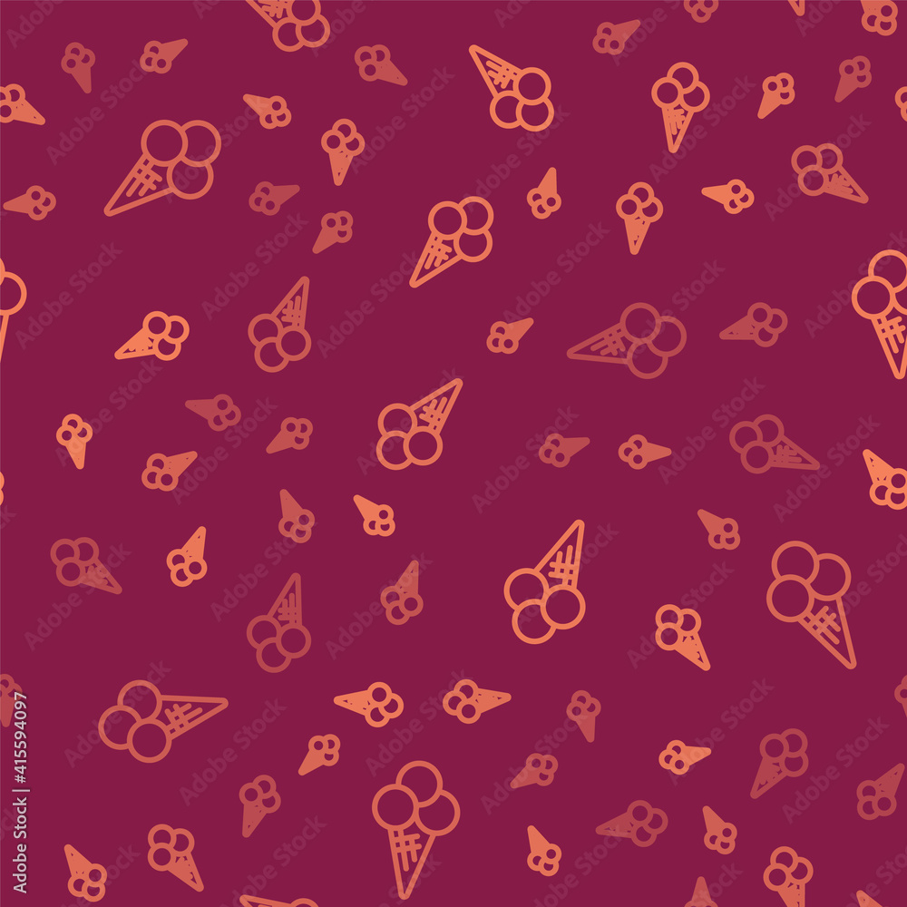 Brown line Ice cream in waffle cone icon isolated seamless pattern on red background. Sweet symbol. 