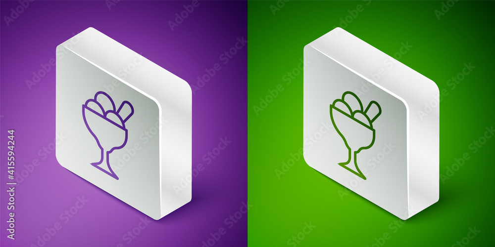 Isometric line Ice cream in the bowl icon isolated on purple and green background. Sweet symbol. Sil