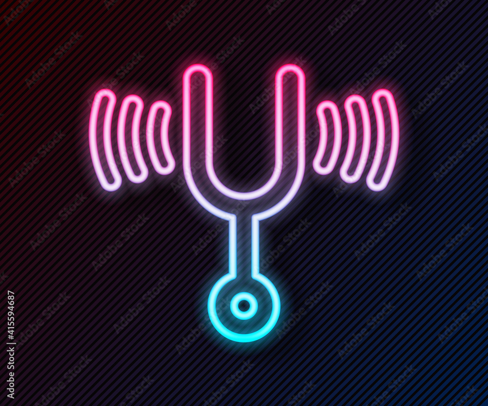 Glowing neon line Musical tuning fork for tuning musical instruments icon isolated on black backgrou