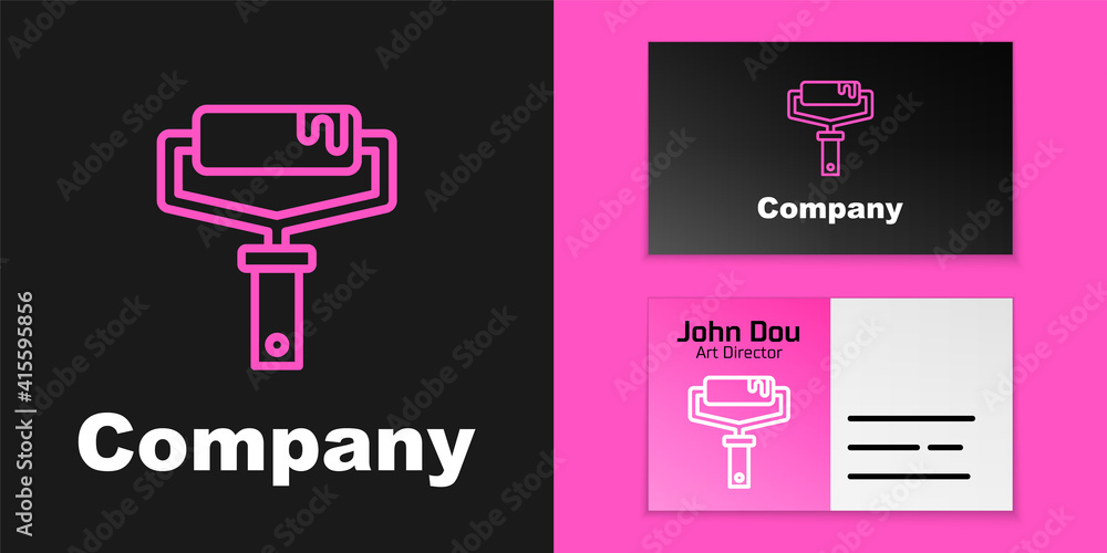 Pink line Paint roller brush icon isolated on black background. Logo design template element. Vector