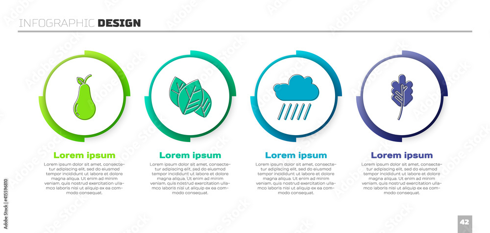 设置梨、树叶或树叶，云与雨和树叶或树叶。业务信息图模板。矢量。