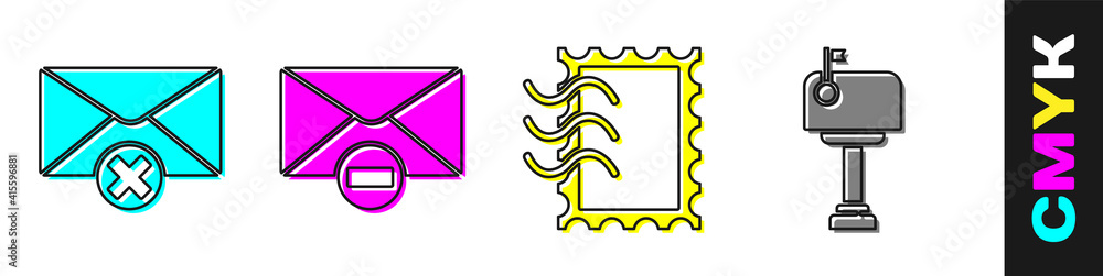 设置删除信封、删除信封、邮政印章和邮箱图标。矢量。