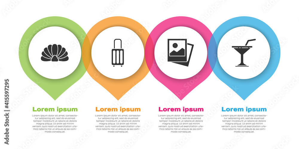 套装扇贝海贝、手提箱、照片和马提尼玻璃。商业信息图模板。矢量。
