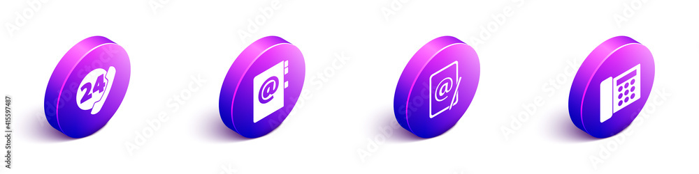 Set Isometric Telephone 24 hours support, Address book, Mail and e-mail and Telephone icon. Vector.