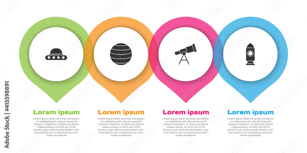 设置UFO飞行飞船、金星、望远镜和火箭。商业信息图表模板。矢量。