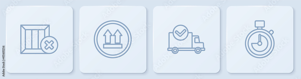 Set line Wooden box and delete, Delivery truck with check mark, This side up and Stopwatch. White sq