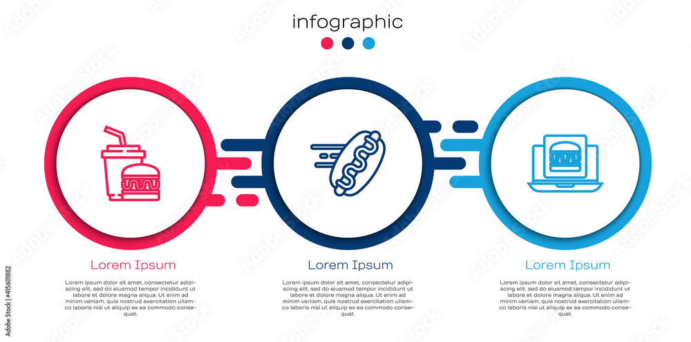 设线纸杯和汉堡，在线订购热狗和送货。商业信息图模板。
