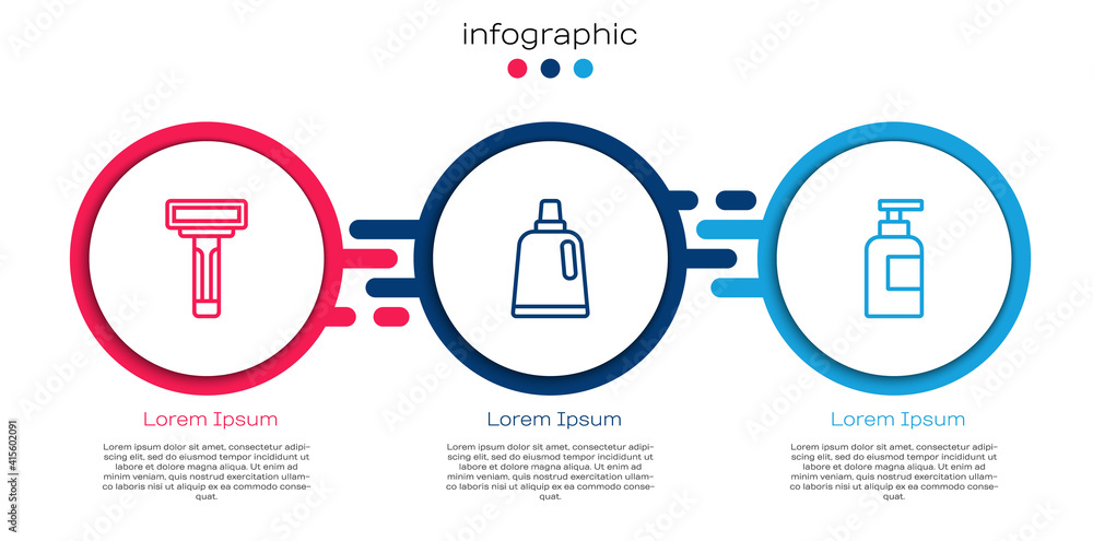 套装剃须刀，清洁剂和洗发水瓶。商业信息图模板。Vec