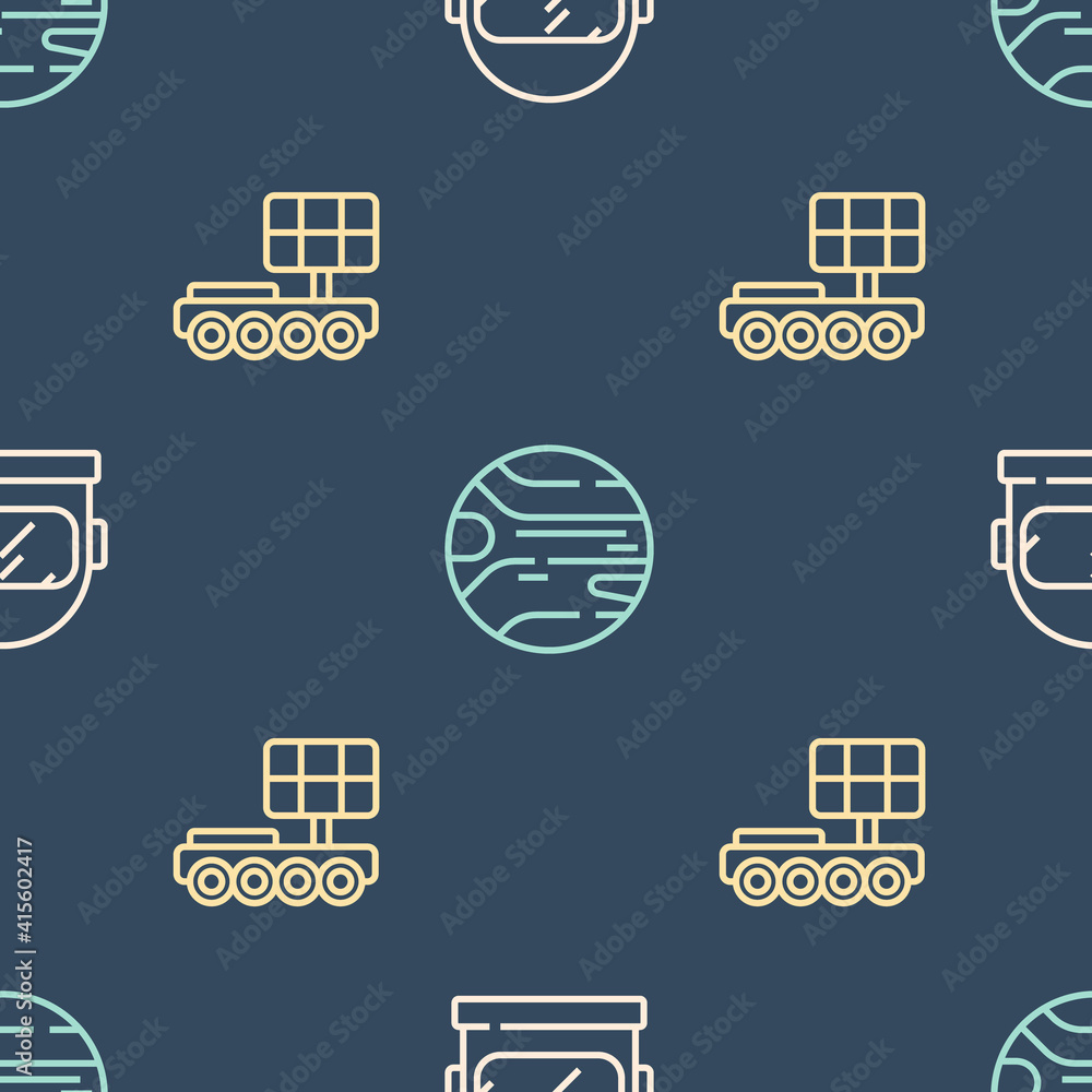 Set line Astronaut helmet, Mars rover and Planet on seamless pattern. Vector.