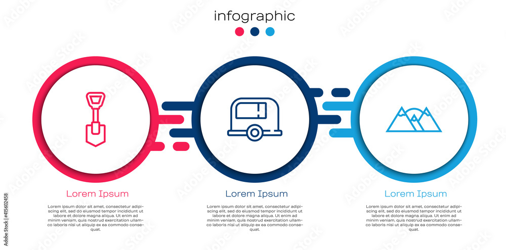 Set line Shovel, Rv Camping trailer and Mountains. Business infographic template. Vector.