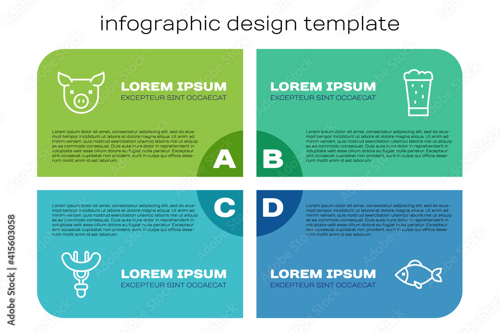 将香肠、猪、鱼和一杯啤酒放在叉子上。商业信息图模板。矢量。