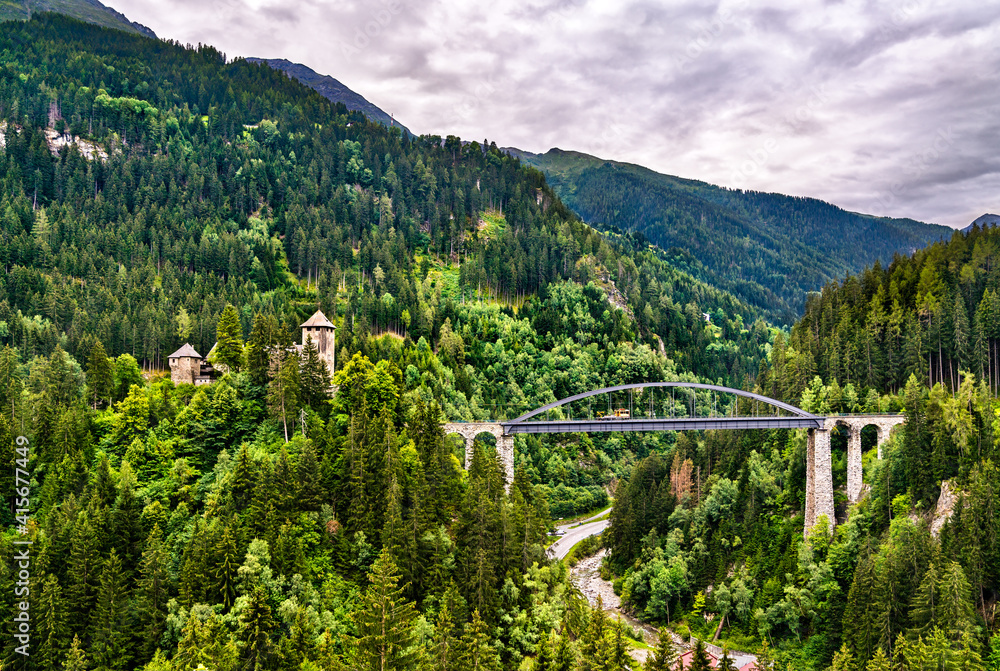 The Trisanna Bridge and Wiesberg Castle in Tyrol, the Austrian Alps