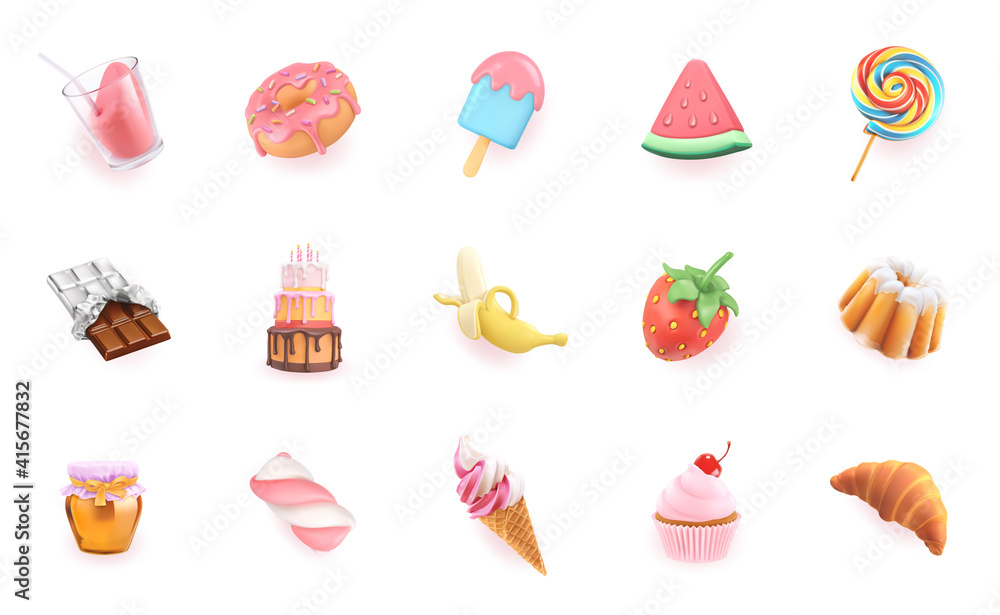 Sweet icons set. 3d realistic vector objects. Cocktail, dessert, cupcake, cake, strawberry, watermel