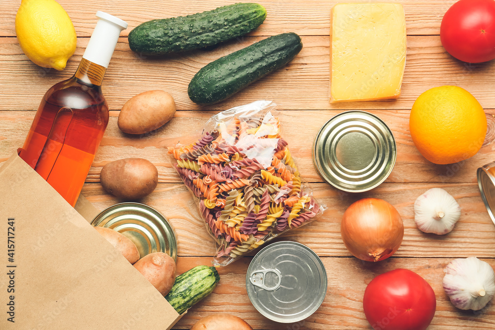 Different products on wooden background