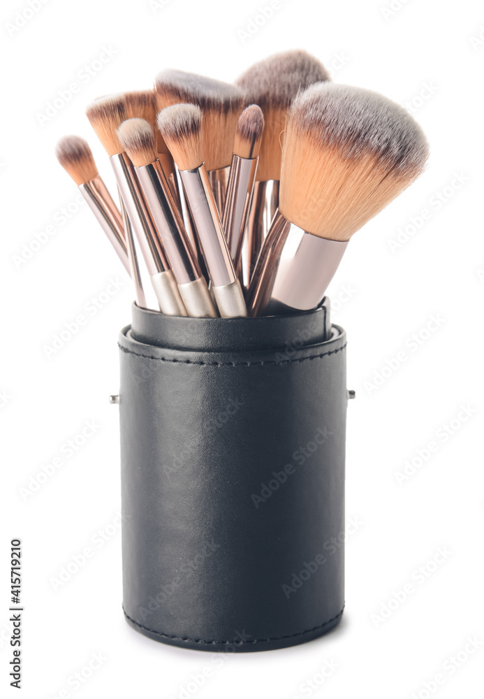 Holder with set of makeup brushes on white background