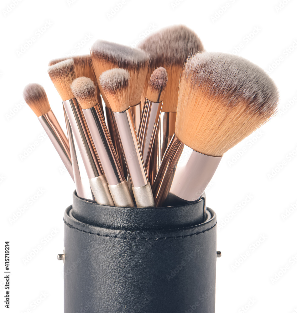 Holder with set of makeup brushes on white background