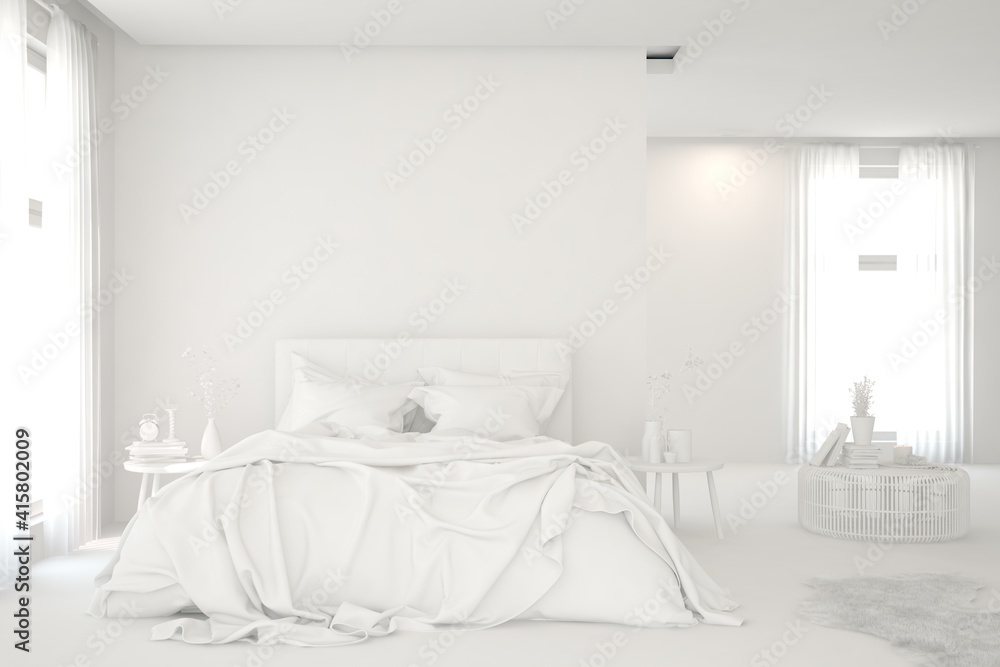 Modern bedroom in white color. Scandinavian interior design. 3D illustration