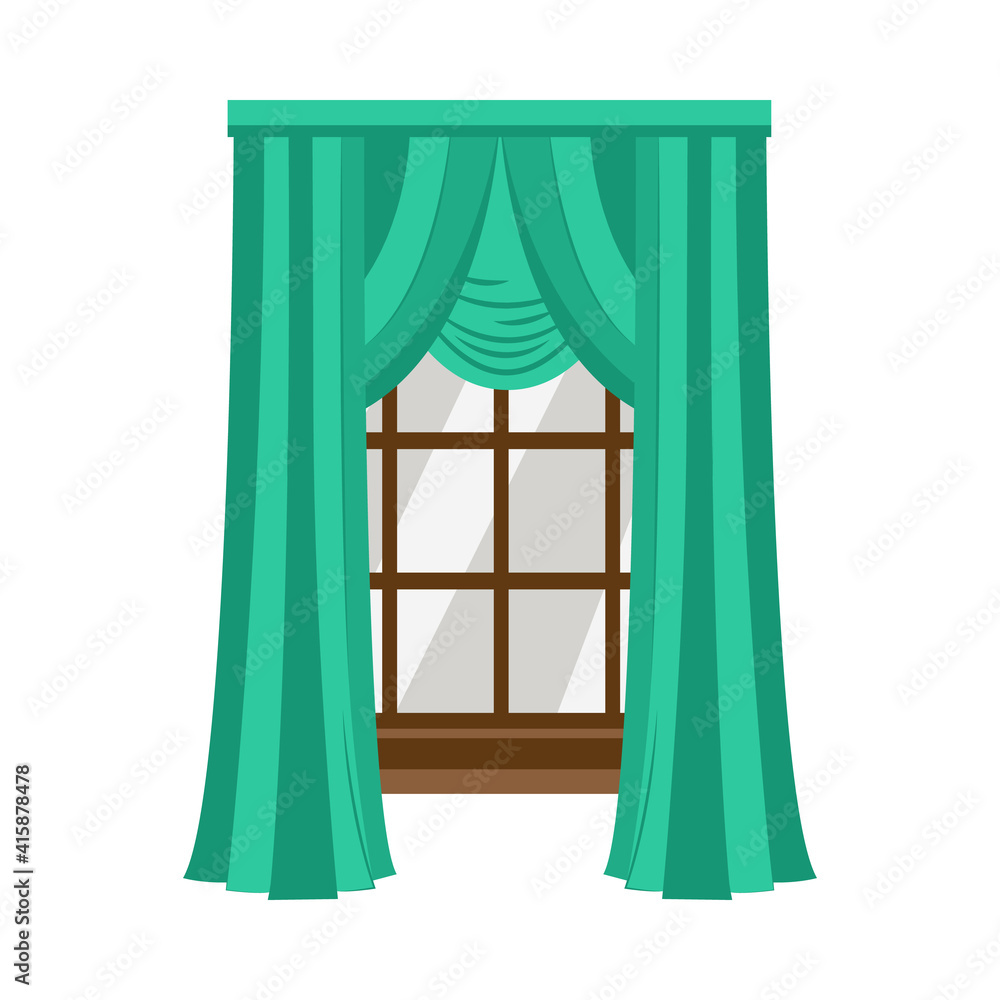 Wooden window with textile drape curtains flat vector illustration isolated.