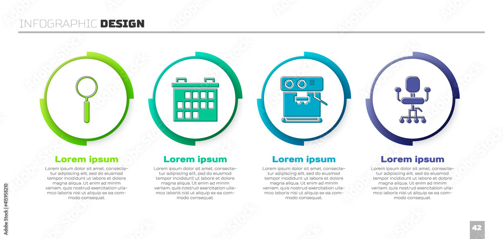 设置放大镜、日历、咖啡机和办公椅。商业信息图模板。Vect