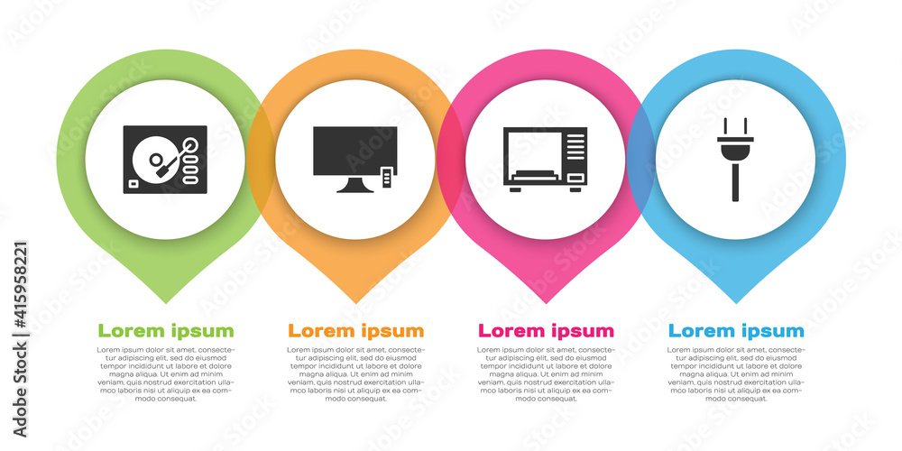 套装乙烯基播放器、智能电视、微波炉和电插头。商业信息图模板。矢量。