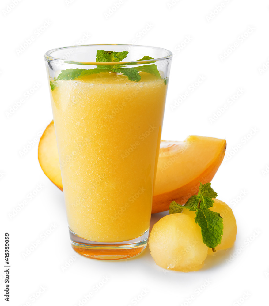 Glass with melon smoothie on white background