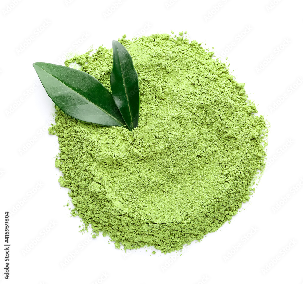 Powdered matcha tea on white background