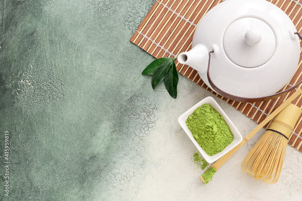 Composition with powdered matcha tea on color background