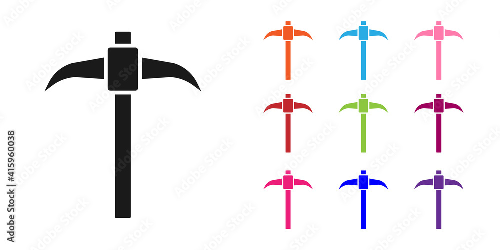 Black Pickaxe icon isolated on white background. Set icons colorful. Vector.