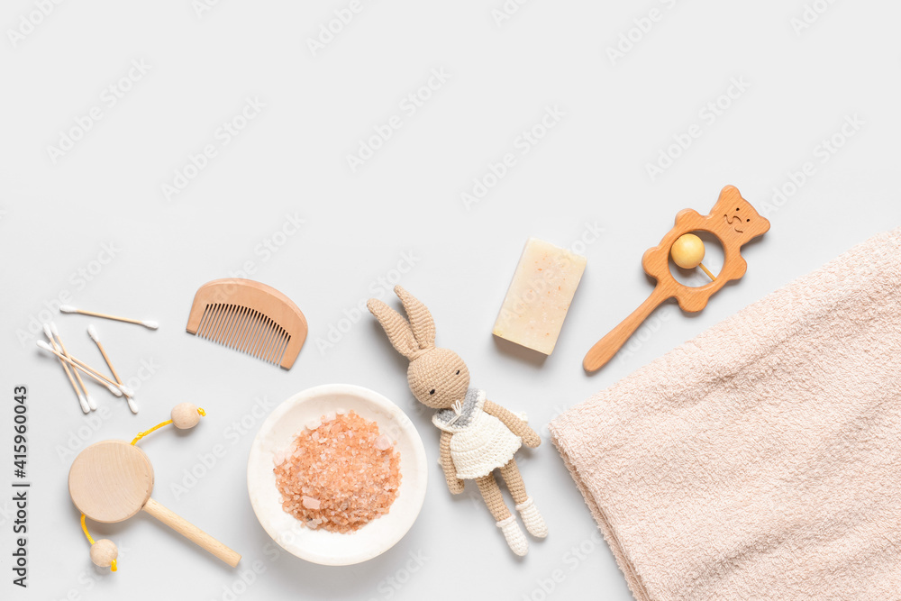 Bath accessories for baby on light background