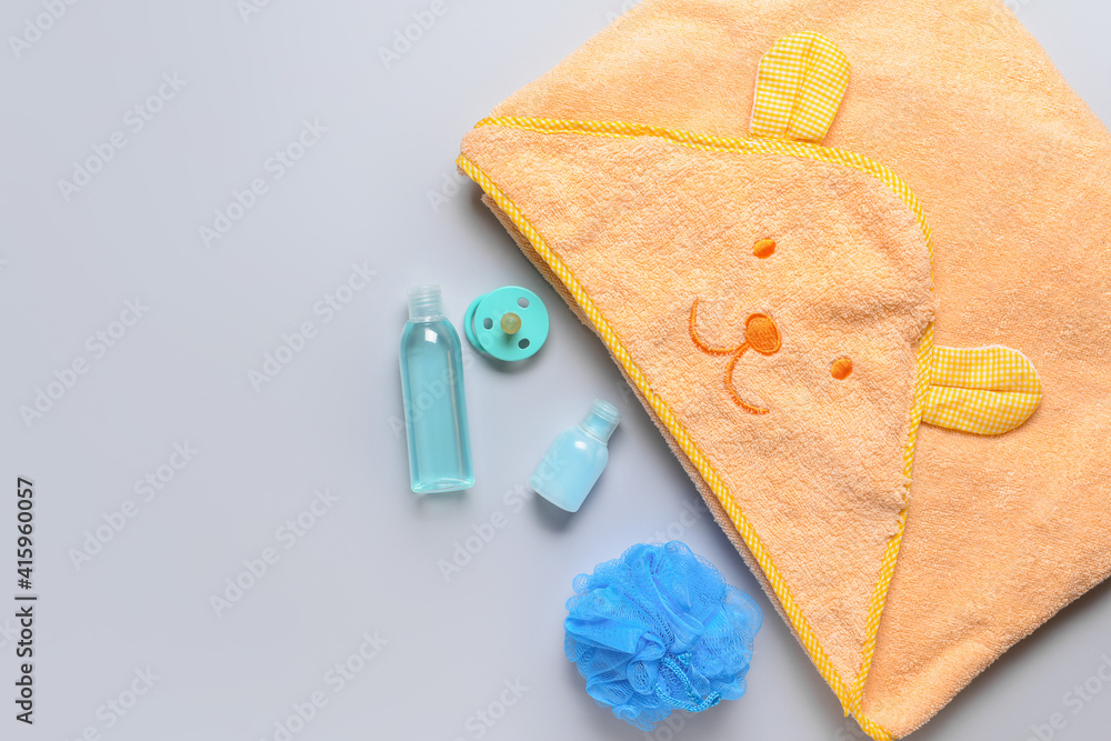 Bath accessories for baby on light background